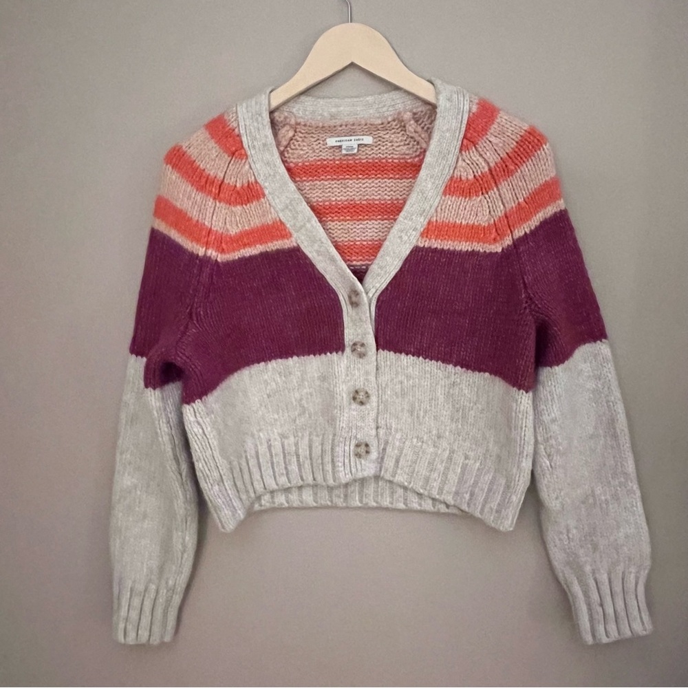American Eagle Cropped Chunky‎ Knit Cardigan Multi Creme Size M